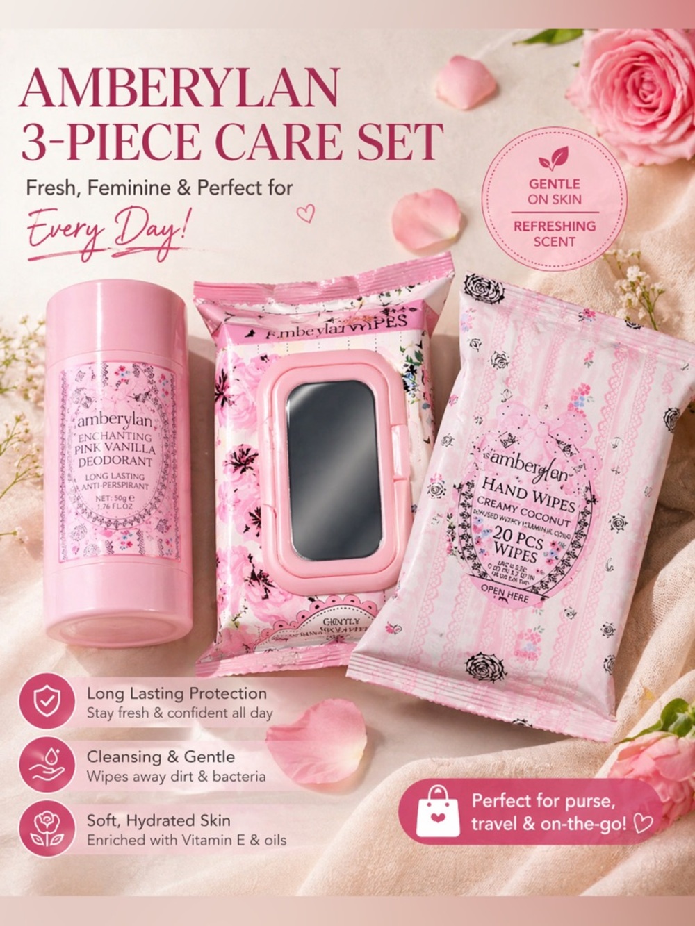 AmberyLan 3-Piece Self-Care Set 🌸 Pink Vanilla Deodorant + Facial & Hand Wipe